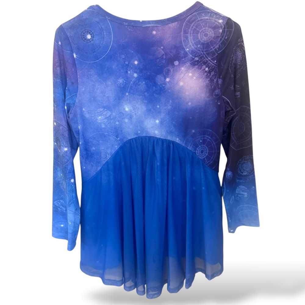 NWOT One World Knit Gemini Zodiac Long Sleeve Mesh Back Hi-Lo Top - Picture 5 of 5